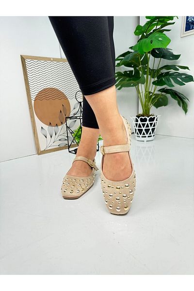 İmerShoes Balerini de damă bej - Trock, o singură curea, cataramă aurie, talpă zimțată din piele intoarsa, pantofi cu toc mic 349