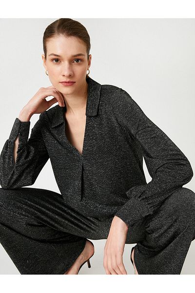 Koton Polo Neck Long Sleeve Evening Blouse Silvery