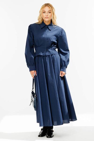 Hooopstore Navy Blue Suit with Pleated Detail Skirt