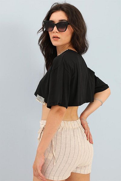 VAPUR TEKSTİL Crop Crew Neck with Pearl Detail - Black