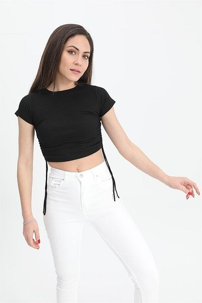 VAPUR TEKSTİL Μαύρη μπλούζα - Crew Neck και Side Gathered
