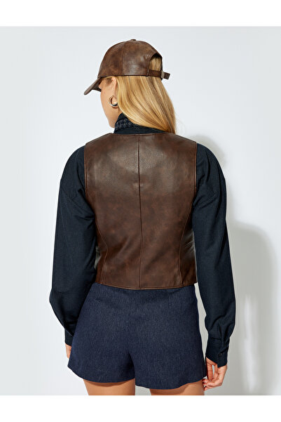 Koton Vestă din piele artificială cu decolteu în V cu nasturi dublu