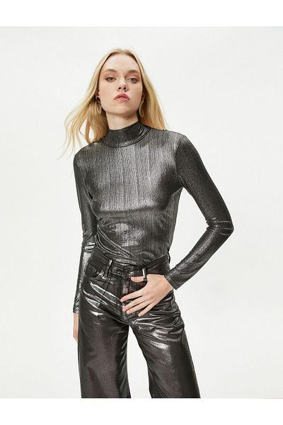 Koton Metallic T-Shirt Long Sleeve Stand Collar - Handmade Collection
