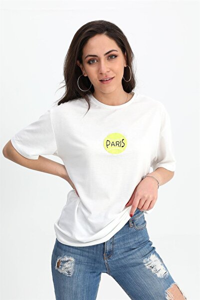 VAPUR TEKSTİL Екрю велосипедний комір футболка - з принтом спереду і ззаду