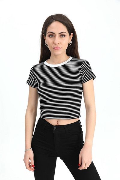 Pimoda Giyim Μπλούζα Crew Neck Ριγέ Καμιζόλα - Μαύρο