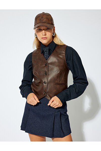 Koton Vestă din piele artificială cu decolteu în V cu nasturi dublu