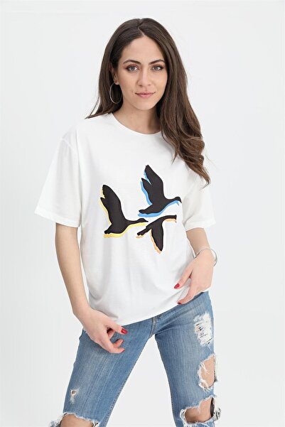 VAPUR TEKSTİL Ecru Bird Printed Crew Neck T-shirt