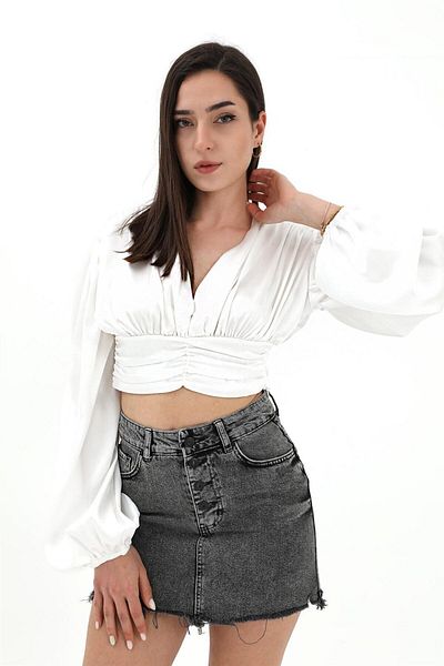 Moka Shopin Ecru Mokashopin Balloon Sleeve Draped Blouse