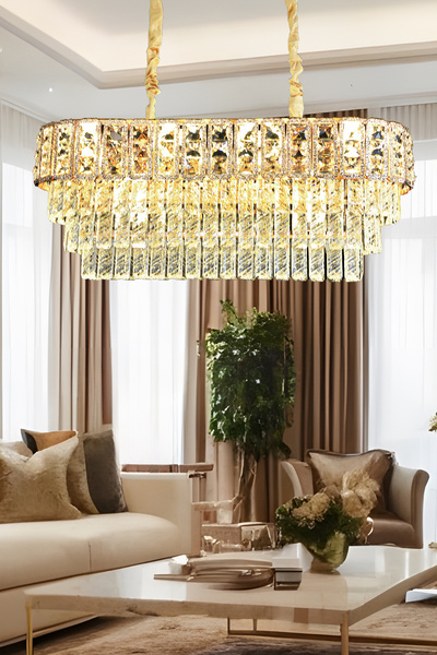 Apliqa Della Sıralı 40 Watt Dikdörtgen Gold Kristal Taşlı Yemek Masası Üstü, Salon Avize