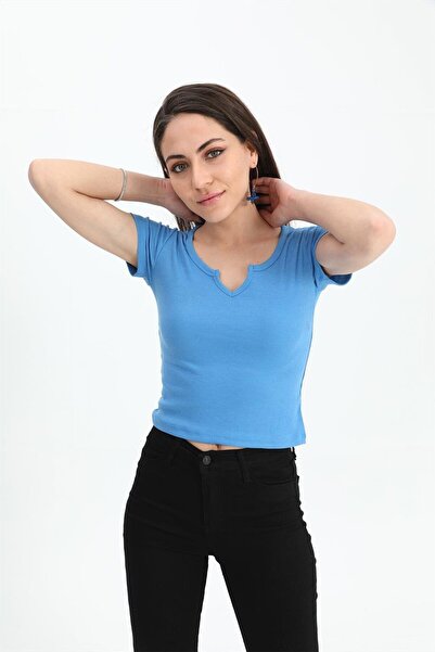 VAPUR TEKSTİL T-shirt Pear Neck Short Sleeve - Blue