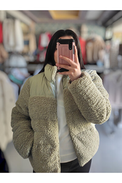 Sublime Butik Palton puf de pluș verde fistic pentru femei