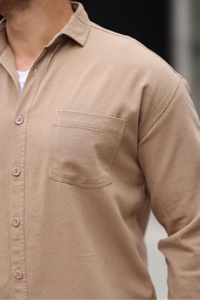 Valiberta Single Pocket Oversize Gabardine Fabric Men's Shirt - Beige
