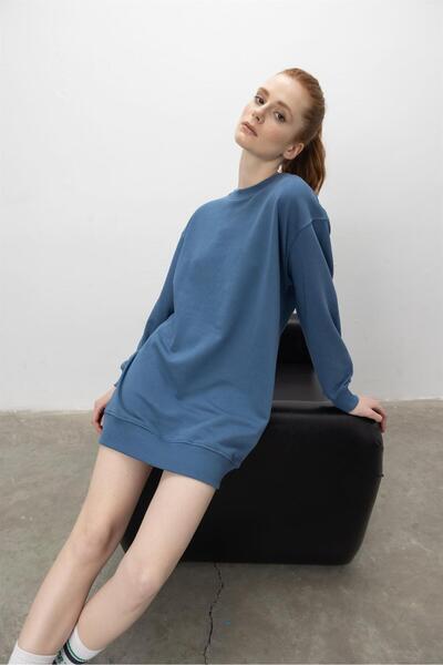 TUBİA Oversize Basic 3 Iplik Diagonel Kumaş Şardonsuz Uzun Sweatshirt