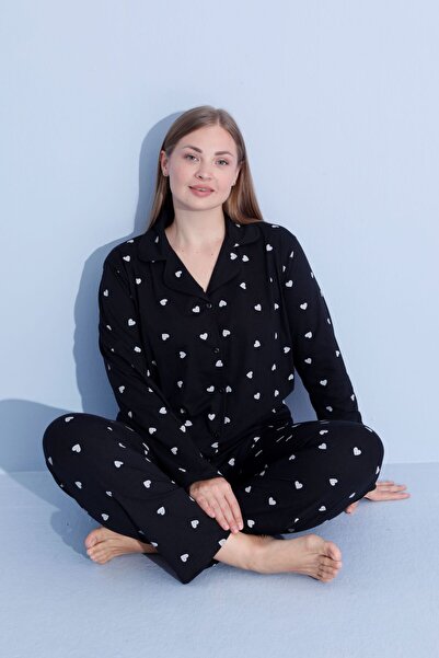 pijamacity Büyük Beden Kadın Uzun Kollu Pamuklu Önden Düğmeli Pijama Takımı