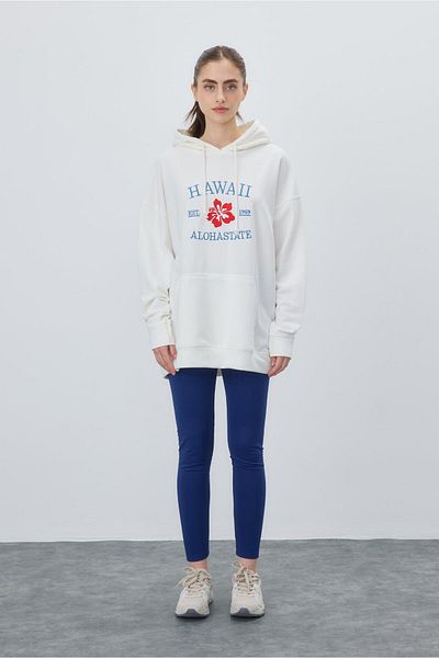 TUBİA Women's Ecru Color Printed Hooded Oversize Sweatshirt