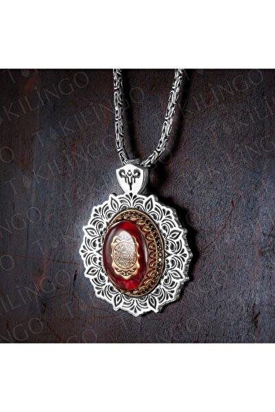 Takılingo 925 Ayar Gümüş Büyük Boy Kehribar Taş Üzeri Hz.Süleyman Mührü İşlem...