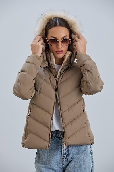 PIQUE Γυναικείο Μπεζ αντιανεμικό πουπουλένιο παλτό με κουκούλα