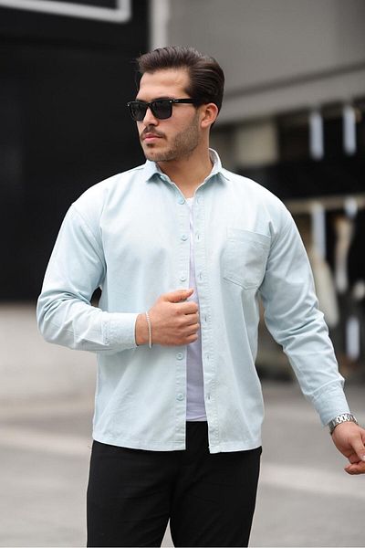 Valiberta Oversize Gabardine Men's Shirt - Single Pocket, Baby Blue