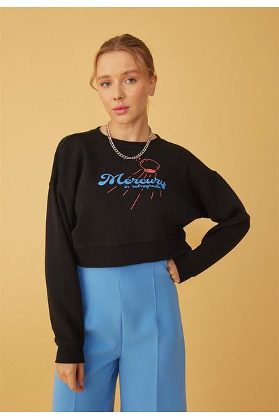 TUBİA Women's Black Color Mercury Printed Crop Sweatshirt