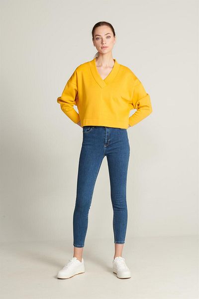 TUBİA Crop Sweatshirt - V-neck Detailed