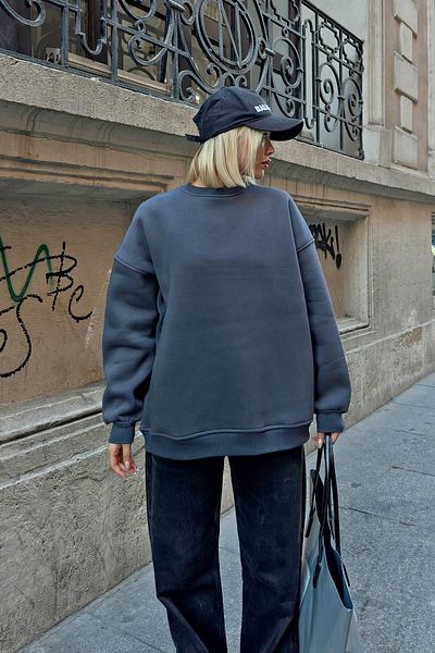 Swist Smoked Walk Basic Oversize Women's Sweatshirt with Crew Neck and Fleece Inside