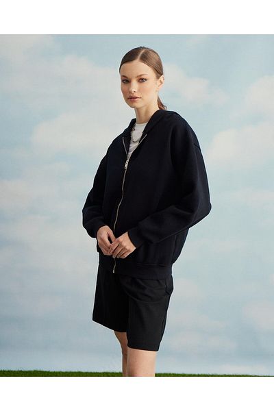TUBİA Women's Black Zippered Hooded Sweatshirt Cardigan