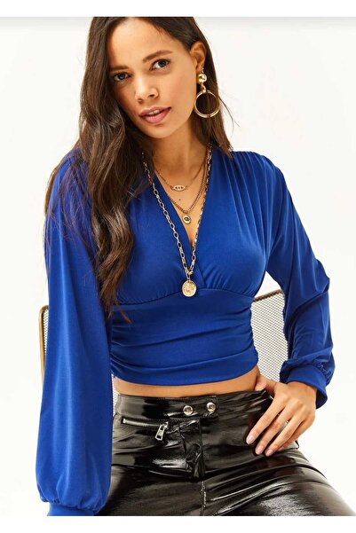 ModaFia بلوزة نسائية قصيرة ذات ياقة مزدوجة الصدر من قماش كاندي ساكس باللون ال...