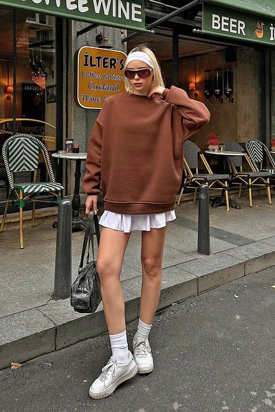Swist Γυναικείο φούτερ καφέ Walk Crew Neck Basic Oversize με Fleece στο εσωτερικό