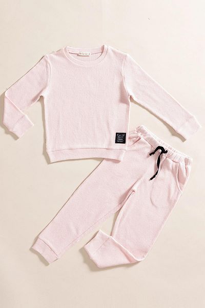 for you kids 2-Piece Cotton Waffle Sweat Jogger Pink Top and Bottom Set