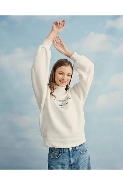 TUBİA Women's Ecru Color Printed Half Turtleneck Sweatshirt