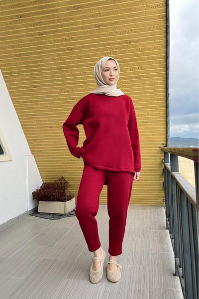 Lamia Giyim Sportfif Cut Comfortable Fit Hijab Fleece Set Dark Red