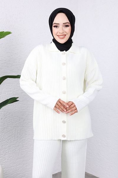 Tesettür Dünyası White Knitwear Set - Tsd 240936 , Front Buttoned