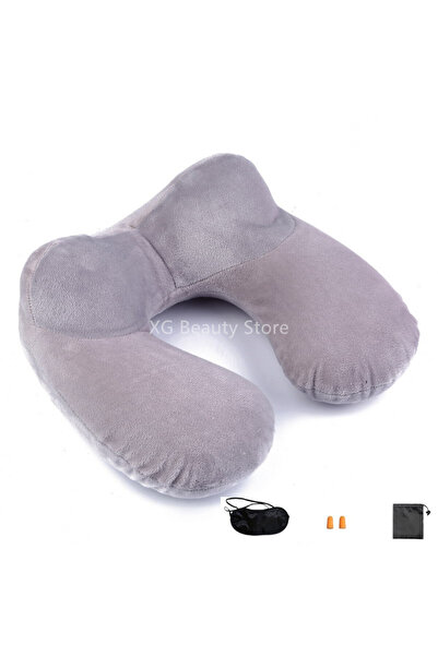 Choice مجموعة رمادية من وسادة الرقبة على شكل حرف U مع قناع للعين وسماعات أذن ووسادة سفر للطائرة قابلة للنفخ