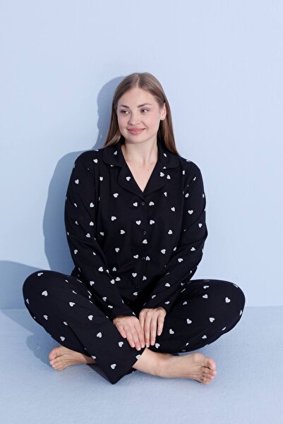 pijamacity Büyük Beden Kadın Uzun Kollu Pamuklu Önden Düğmeli Pijama Takımı