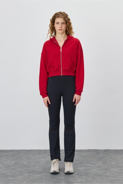 TUBİA Women's Hooded Red Color Crop Sweatshirt Cardigan