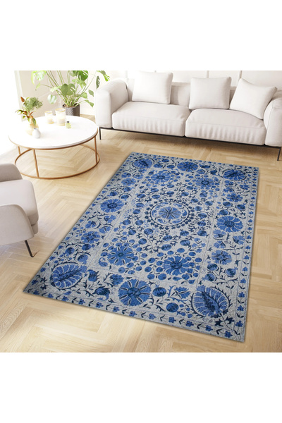 Rugs Modern Halı Melisa Collection Dark Blue Floral Patterned Woven Base Mode...