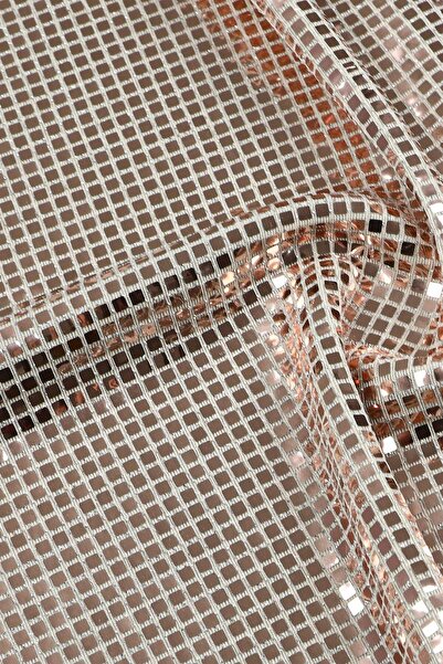 Kumaş Deposu Salsa Ekru Zemine Gümüş Kare Pullu Örme Abiye Kumaş