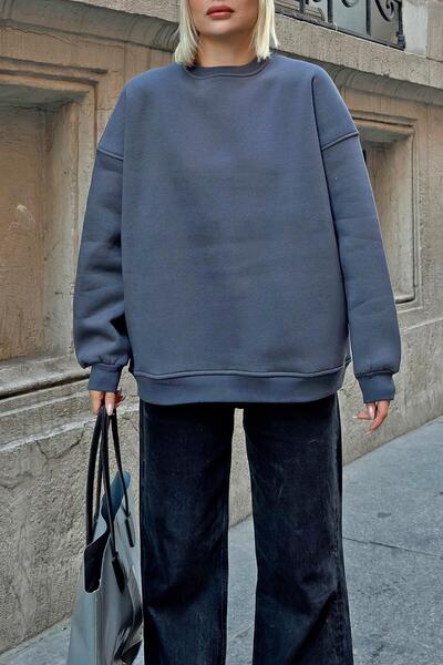 Swist Smoked Walk Basic Oversize Women's Sweatshirt with Crew Neck and Fleece Inside