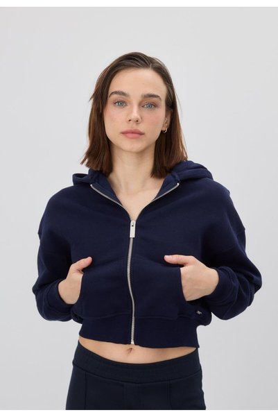 TUBİA Women's Navy Blue Hooded Hooded Crop Sweatshirt Cardigan