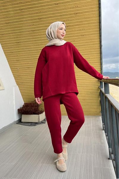 Lamia Giyim Sportfif Cut Comfortable Fit Hijab Fleece Set Dark Red