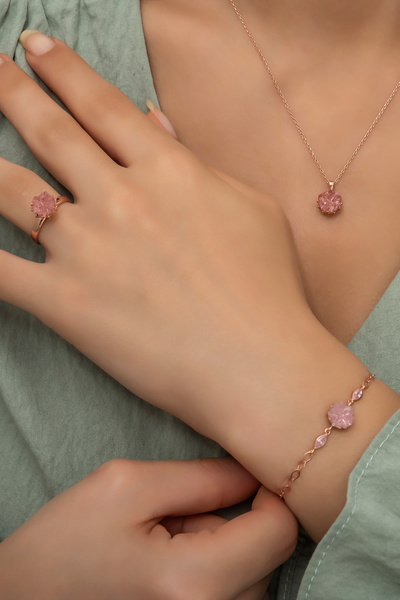 klas gümüş Gümüş Lotus Çiçeği Pembe Rose 3'lü Set