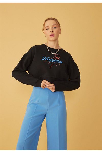 TUBİA Women's Black Color Mercury Printed Crop Sweatshirt