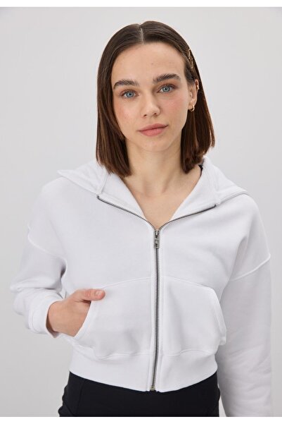 TUBİA Women's White Color Hooded Ribbed Crop Sweatshirt Cardigan