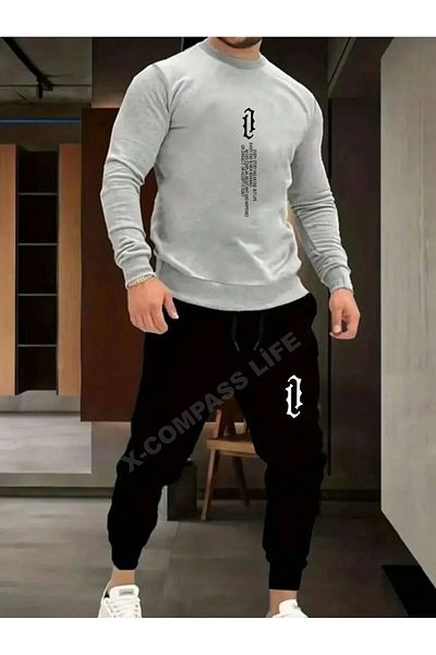 x-compass life Σετ φόρμας Crew Neck - 2-Pece Conbine, Vertical Print, Γυναικεία/Ανδρικά Unisex Εποχιακά