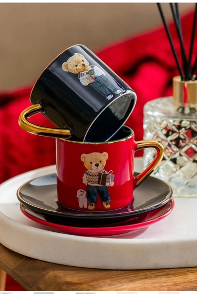 LC Waikiki LCW HOME Kırmızı Ayı Teddy Baskılı 2 Kişilik Porselen Kahve Fincan Takımı 110 Ml