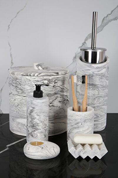 betonmall Σετ μπάνιου 8 τεμαχίων με μαρμάρινο σχέδιο Δοχείο οδοντόβουρτσας υγρού στερεού σαπουνιού Βάση κεριού κάδος απορριμμάτων Βούρτσα τουαλέτας