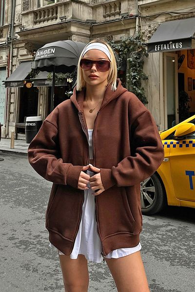Swist Braunes Lena-Oversize-Damen-Sweatshirt mit Kapuze, Reißverschlusstasche und Fleece-Innenseite
