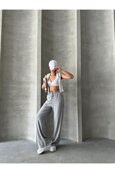 BEJNA Γυναικείο φαρδύ παντελόνι σε γκρι Modal με ανάγλυφη ρίγα