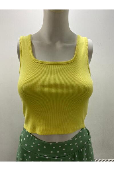 LADY HAZAL Жовтий міні-кроп-топ з темними вставками, товстими бретелями та квадратним вирізом