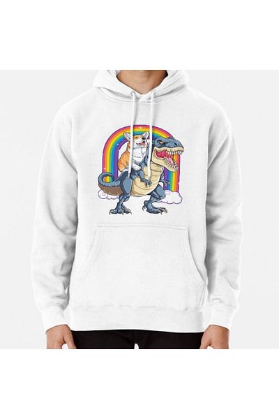 Hvit Stein Corgi t Rex Dino Printed Fancy Fabric Sweatshirt - Rainbow Dog Design